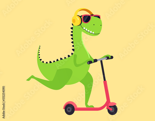 Cartoon dinosaur rides a scooter in sunglasses and headphones.