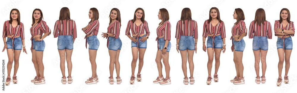 Obraz premium large group of various poses of the same woman with sneaker and shorts white background