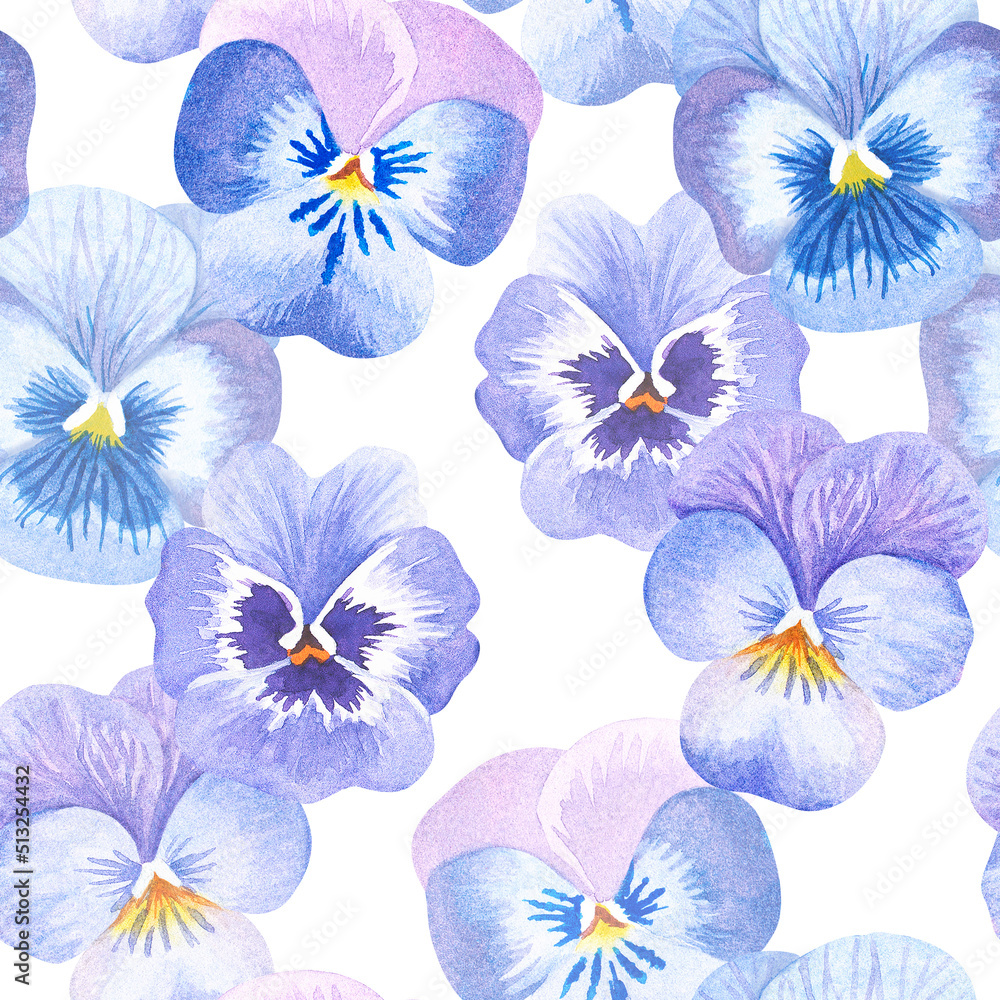 Seamless pansies pattern. Violet. Watercolor illustration. Isolated on a white background.