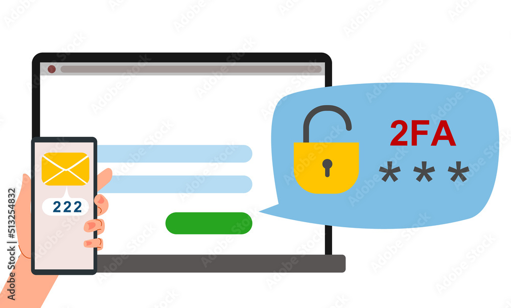 The concept of two-factor authentication security. Notification of login confirmation with a message to the phone. Smartphone in hand. Lock icons in the laptop account. Vector illustration