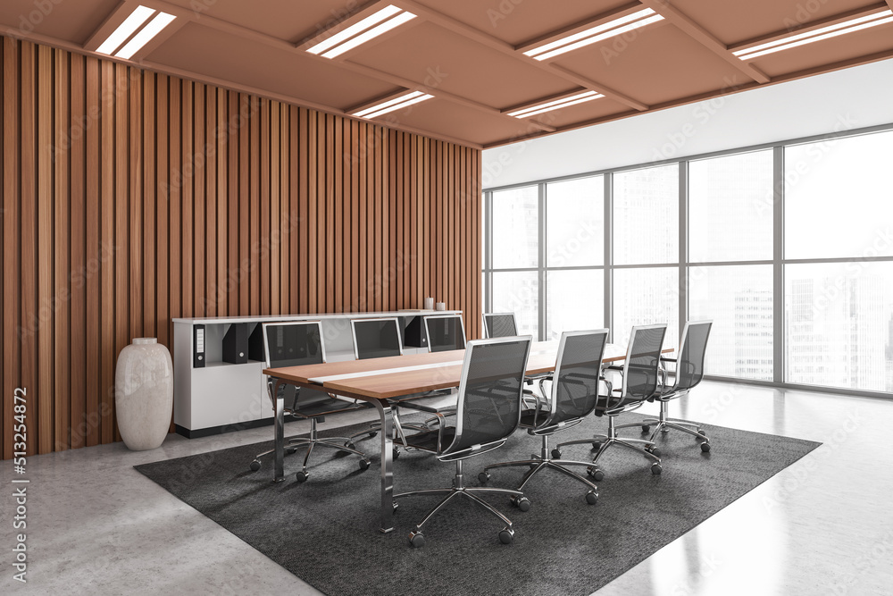 Fototapeta premium Modern office room interior with chairs and table, panoramic window. Empty wall