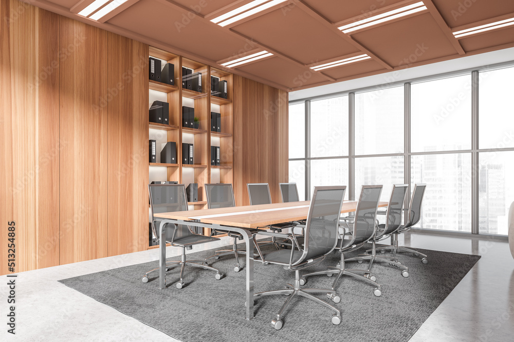 Modern office room interior with chairs and table, cabinet and panoramic window Modern office room interior with chairs and table, cabinet and panoramic window