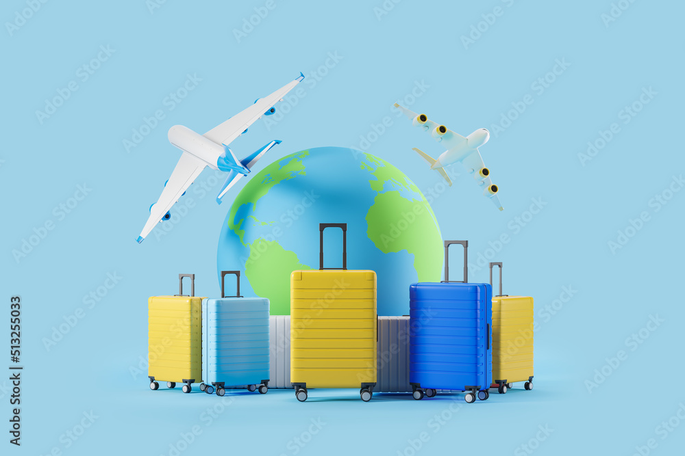 Airplanes, earth globe and suitcase in row, concept of traveling Airplanes, earth globe and suitcase in row, concept of traveling