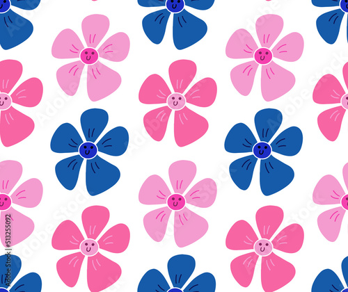 Cute y2k floral seamless pattern background with daisy flower smile face. Pink and blue smiling flowers on white backdrop. Print  wallpaper  vector texture.