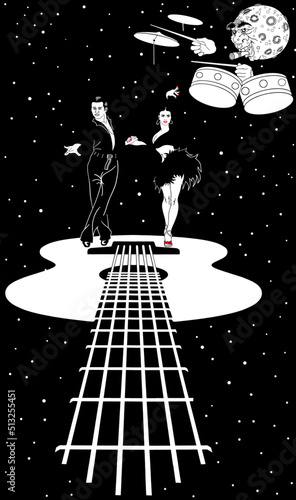 
A beautiful, graceful man and woman perform a flamenco dance. A metaphor. Guitar. Space. Moon. The drummer.