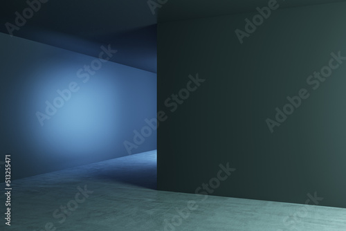 Perspective view on blank black wall with place for your poster or advertising banner in abstract dark empty hall with concrete floor. 3D rendering, mock up