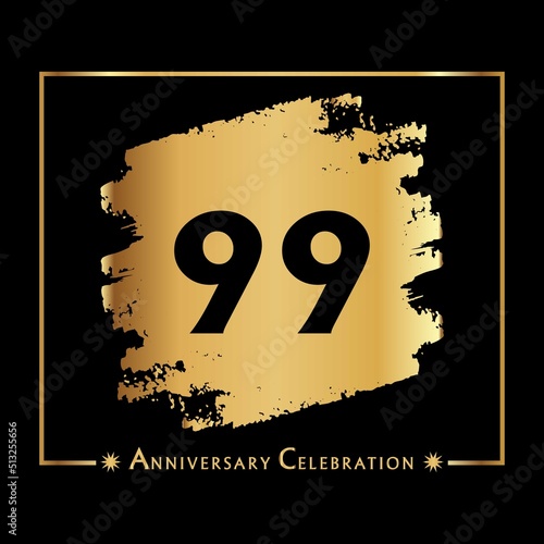 99 years anniversary celebration with gold grunge brush and frame isolated on black background. Creative design for happy birthday, wedding, ceremony, event party, and greeting card.