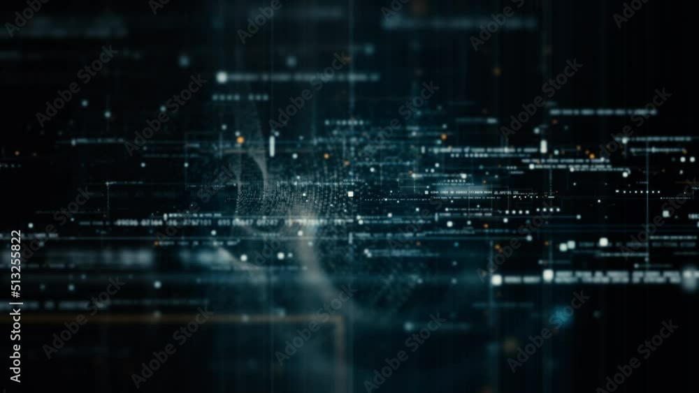 Futuristic abstract de-focus flowing data matrix, meta, metaverse, telemetry and encrypt numbers display with particles simulation in cyber space environment for head up display loop background Futuristic abstract de-focus flowing data matrix, meta, metaverse, telemetry and encrypt numbers display with particles simulation in cyber space environment for head up display loop background