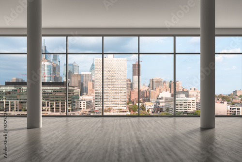 Empty room Interior Skyscrapers View Cityscape. Downtown Philadelphia City Skyline Buildings from High Rise Window. Beautiful Real Estate. Day time. 3d rendering. © VideoFlow