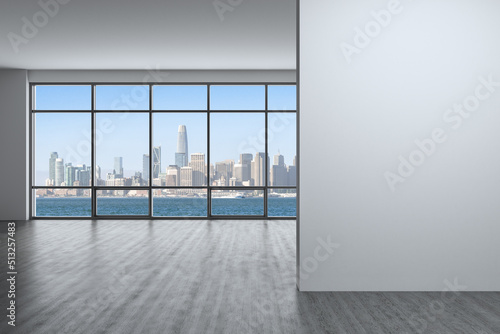 Downtown San Francisco City Skyline Buildings from High Rise Window. Beautiful Expensive Real Estate overlooking. Empty room Interior. Mockup wall. Skyscrapers Cityscape. Day. California. 3d rendering