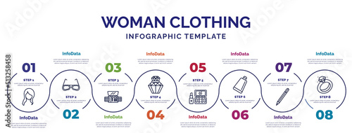 infographic template with icons and 8 options or steps. infographic for woman clothing concept. included female with long hair, eyes shades makeup, parfum, makeup, creme container black, eyes makeup