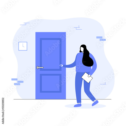 Young girl holding a door knob. Female character knocks on the door. The woman goes for interview. Vector flat illustration