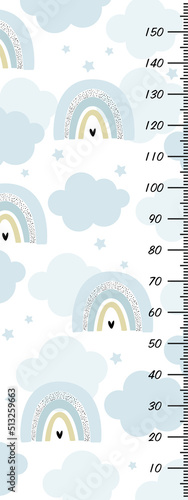 Cute stadiometer with rainbow clouds and stars on a white background. Check your baby's height. For children's wall decor, wallpaper.