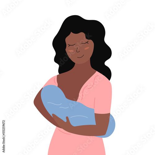 Breastfeeding baby. Happy african american mother feeding baby. Cute smiling woman holding newborn child. Vector flat illustration