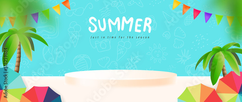 Summer poster banner template for promotion with product display cylindrical shape and beach background