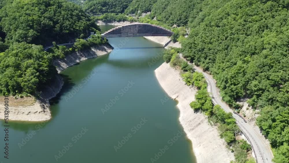 ダム湖のドローン空撮 ダム湖のドローン空撮