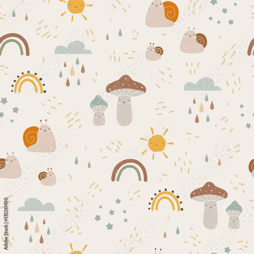 Seamless pattern with hand drawn colourful mushrooms and snail. Autumn cute digital paper. Creative childish pattern. Vector illustration.