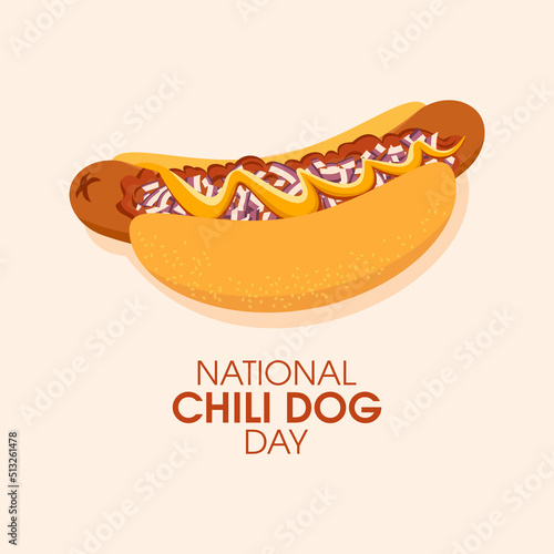 National Chili Dog Day vector illustration. Hot dog with meat chili sauce, onion and mustard icon vector. American classic grilled hot dog on a bun drawing. Last Thursday in July. Important day
