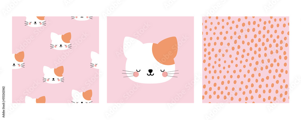 Set of kawaii cat posters, kitty pattern, seamless dots pattern. Prints for children's wallpapers, baby clothes, textiles.