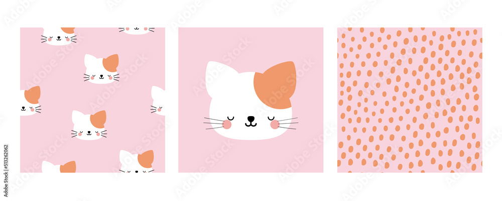 Set of kawaii cat posters, kitty pattern, seamless dots pattern. Prints for children's wallpapers, baby clothes, textiles. Set of kawaii cat posters, kitty pattern, seamless dots pattern. Prints for children's wallpapers, baby clothes, textiles.