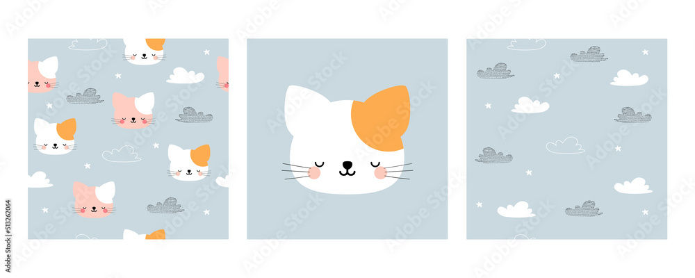 Set of cute posters. Pattern with cats, clouds and stars. Print for baby clothes, wallpapers, textiles.
