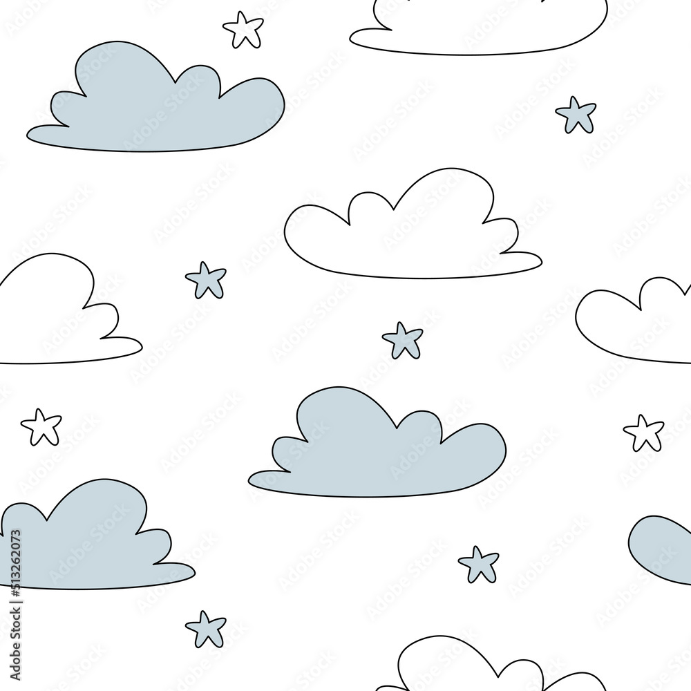 Vector hand drawn seamless pattern with clouds and stars in doodle style. Seamless wallpaper on a white background. Modern children's print for clothes, textiles.