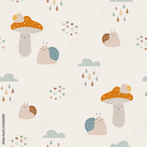 Seamless pattern with hand drawn colourful mushrooms and snail. Autumn cute digital paper. Creative childish pattern. Vector illustration.