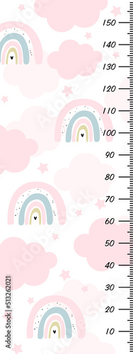 Cute stadiometer with rainbow clouds and stars on a white background. Check your baby's height. For children's wall decor, wallpaper.