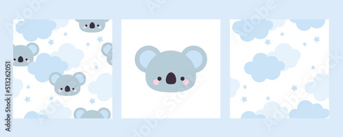 Vector hand drawn cute koala poster set. Kawaii animals. Seamless pattern with koala and clouds. For decoration in a children's room, wallpaper, textiles, baby clothes.