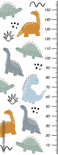 Children's growth chart with hand drawn dinosaurs, bushes and dots in doodle style. Cute vector illustration in scandinavian style. Children's meter wall. Height meter for children's room, wallpaper.