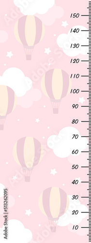 Vector hand drawn children's stadiometer with clouds and balloons. Baby growth. For children's wall decor, wallpaper.