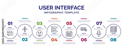 infographic template with icons and 8 options or steps. infographic for user interface concept. included recording conversation, shocked smile, object alignment, timetable, credit card crossed, mic