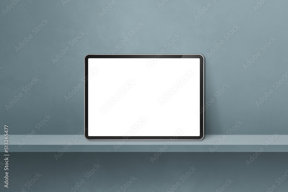 Digital tablet pc on grey wall shelf. Horizontal background banner Digital tablet pc on grey wall shelf. Horizontal background banner