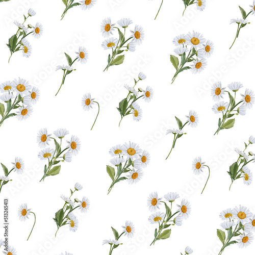 Seamless border with watercolor daisies. Hand drawn botanical drawing. Floral seamless border for fabric, paper and other print and web projects.