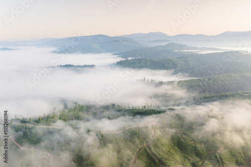 Mountain panorama at sunrise, aerial view