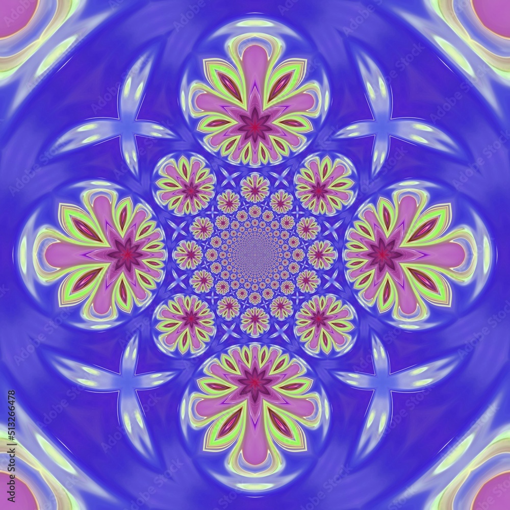Modern creative mixed decor with a kaleidoscope theme of purple blooming roses, seamless, polar, geometric, and mandala patterns. Great for art collectors, wallpaper, wall decor and businesses.