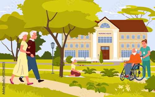 Elderly people nursing house. Taking care of seniors, old men activity and healthcare, spending outdoor leisure time, retirement residential accommodation vector illustration