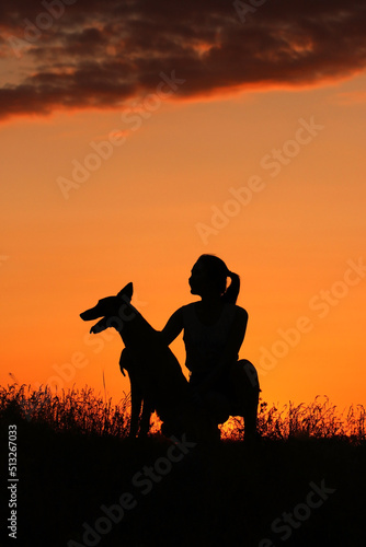 Silhouettes of a girl and a malinois dog sitting together against the backdrop of a beautiful sunset