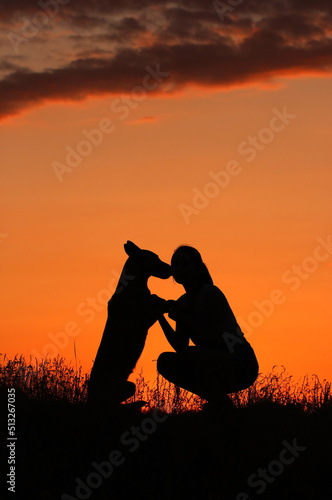 Silhouettes of a girl and a malinois dog sitting together against the backdrop of a beautiful sunset