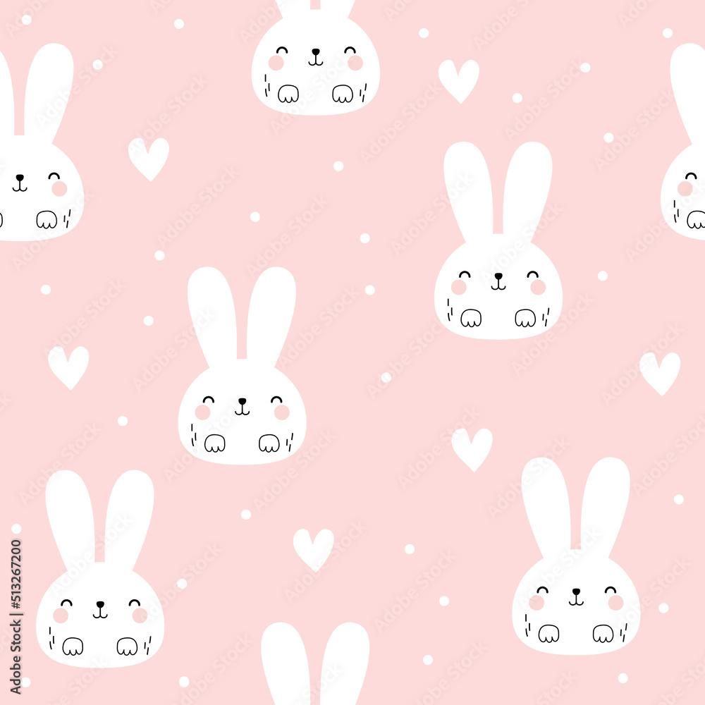Vector seamless pattern with cute bunnies and hearts. Kawaii Bunny. Print for wallpaper in the nursery, textiles, clothes for the baby. Vector seamless pattern with cute bunnies and hearts. Kawaii Bunny. Print for wallpaper in the nursery, textiles, clothes for the baby.