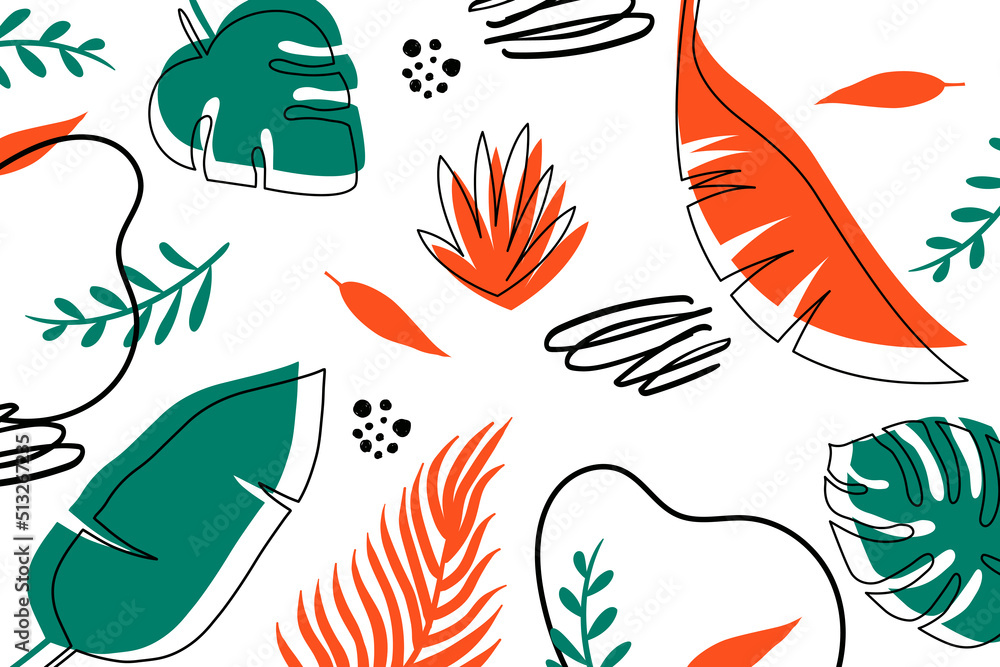 Modern colorful banner with tropical leaves. Hand drawn vector. Banana leaves, twigs, monstera, dots and doodles. On a white background. Print for wallpapers, textiles, clothes. Modern colorful banner with tropical leaves. Hand drawn vector. Banana leaves, twigs, monstera, dots and doodles. On a white background. Print for wallpapers, textiles, clothes.