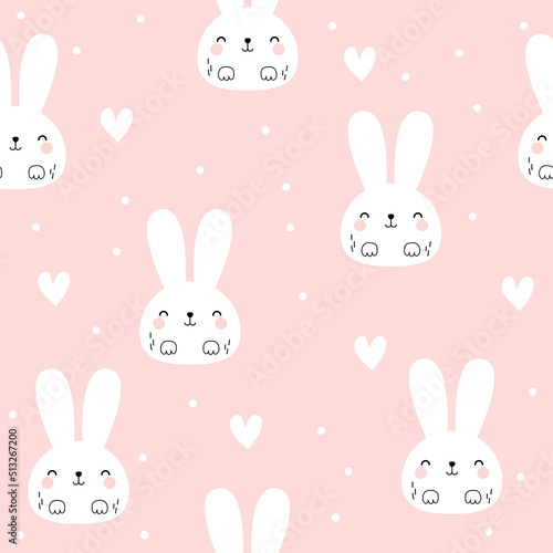 Vector seamless pattern with cute bunnies and hearts. Kawaii Bunny. Print for wallpaper in the nursery  textiles  clothes for the baby.