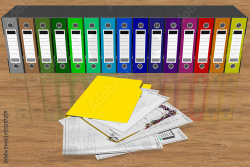Serie di raccoglitori cartelle di vari colori per la classificazione dei documenti. Database..