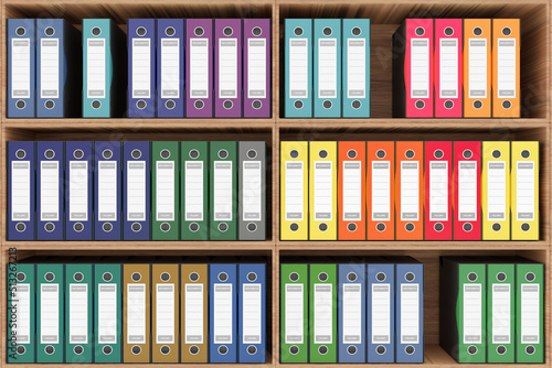 Serie di raccoglitori, cartelle di vari colori per la classificazione dei documenti. Database in scaffale a libreria..