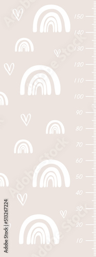 Vector hand drawn stadiometer with white rainbows and hearts in doodle style. Height meter for a little princess. For decor in the children's room, wallpaper.