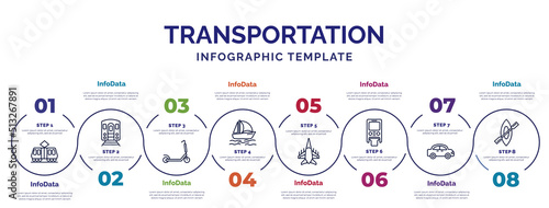 infographic template with icons and 8 options or steps. infographic for transportation concept. included tramway, kick scooter, catamaran, army airplane, monorail, automobile, rowing icons.