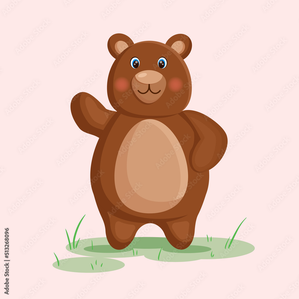 Fototapeta premium Cute brown bear on the green grass. Vector illustration.