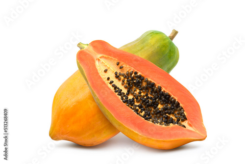 Ripe papaya with cut in half isolated on white background. Clipping path. photo