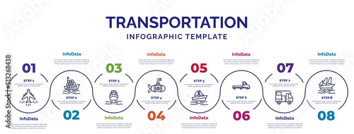infographic template with icons and 8 options or steps. infographic for transportation concept. included airliner, boat front view, small submarine, pt boat, flatbed lorry, camper car, schooner