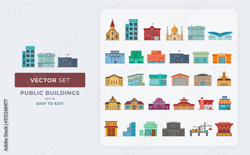 flat front view urban public building vector illustration. Color Editable Eps 10.